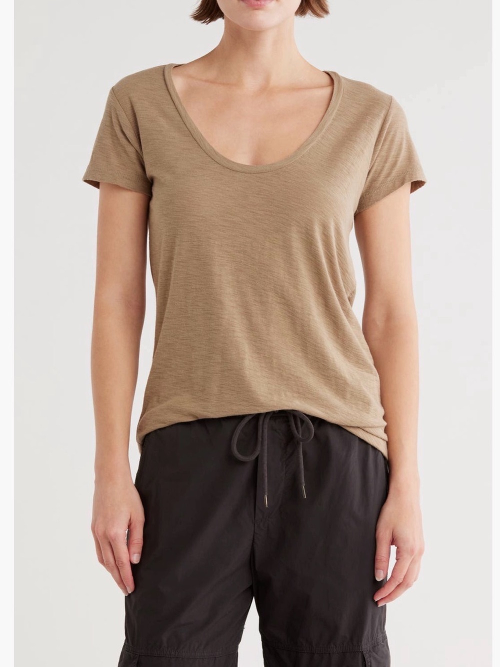 James Perse Short Sleeve Deep V-Neck Neck Tee in Cashew